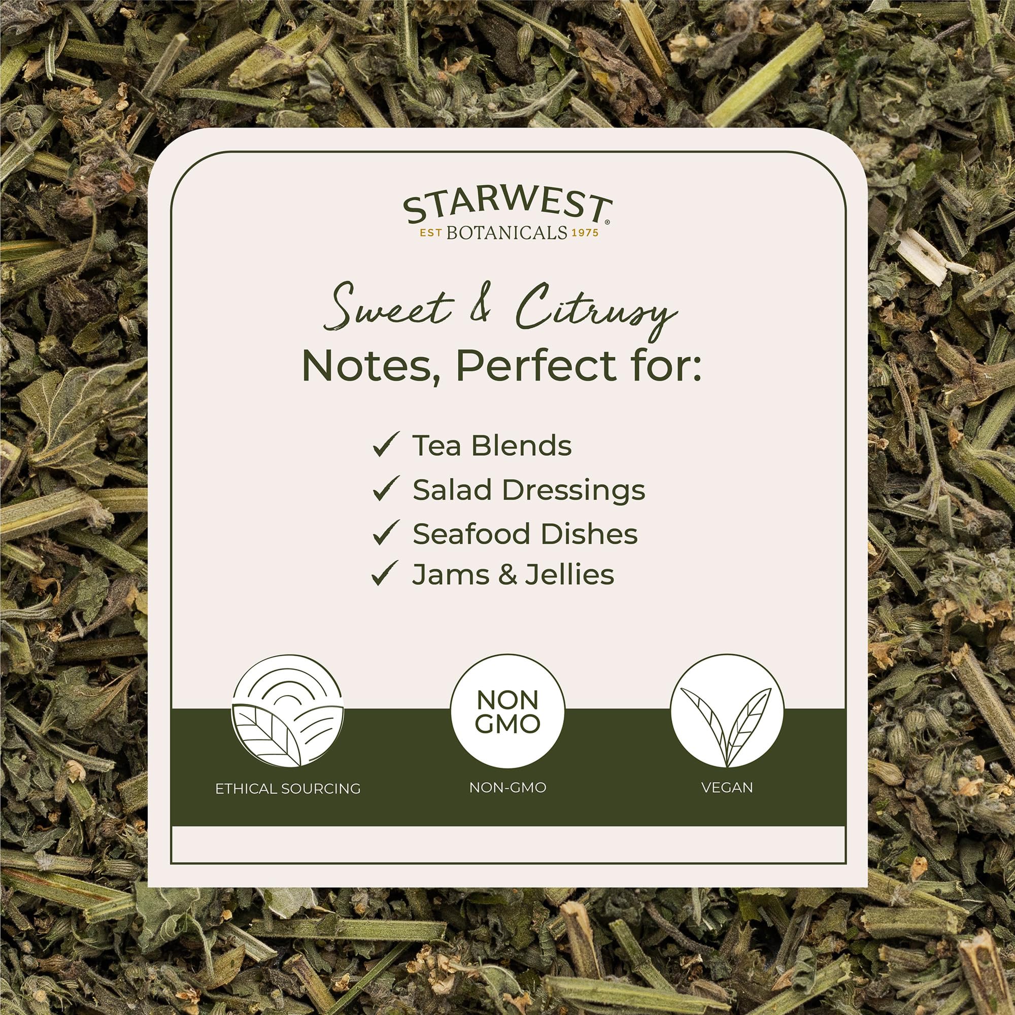 Starwest Botanicals lemon balm leaves closeup shows textured dried herb for cooking.