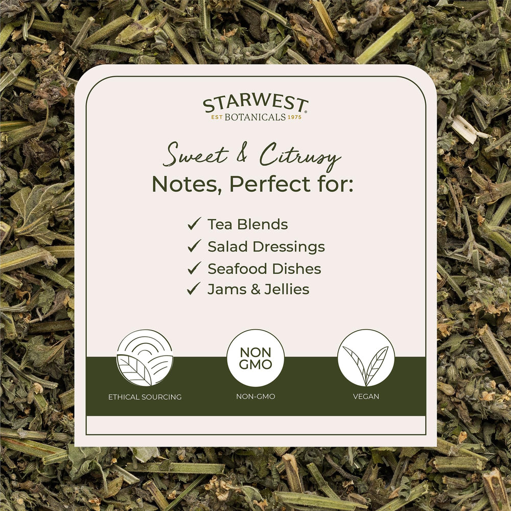 Starwest Botanicals lemon balm leaves closeup shows textured dried herb for cooking.