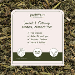 Starwest Botanicals lemon balm leaves closeup shows textured dried herb for cooking.