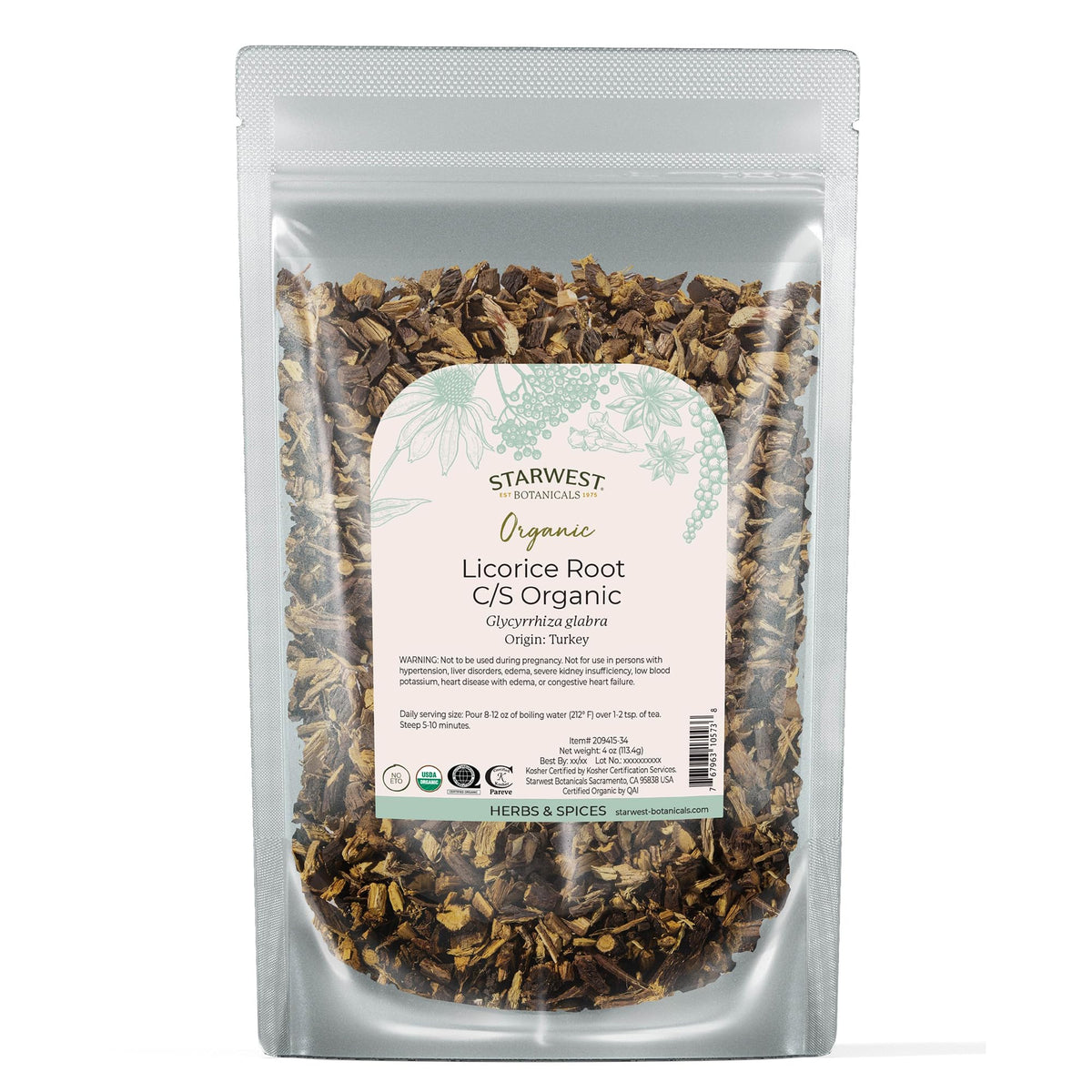 Starwest Botanicals licorice root cut and sifted for herbal tea blends