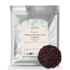 Starwest Botanicals organic hibiscus flowers in a bag, ideal for loose leaf tea.