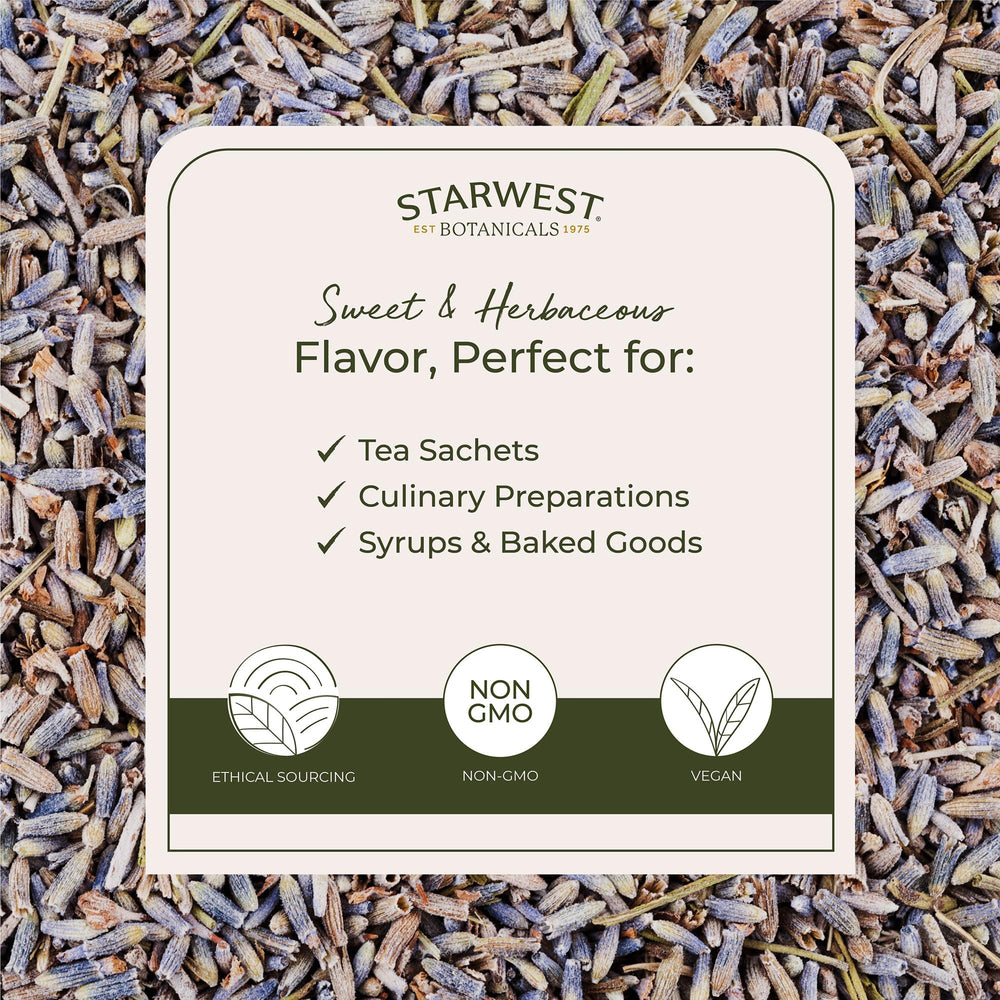 Starwest Botanicals organic lavender buds for tea and drinks.