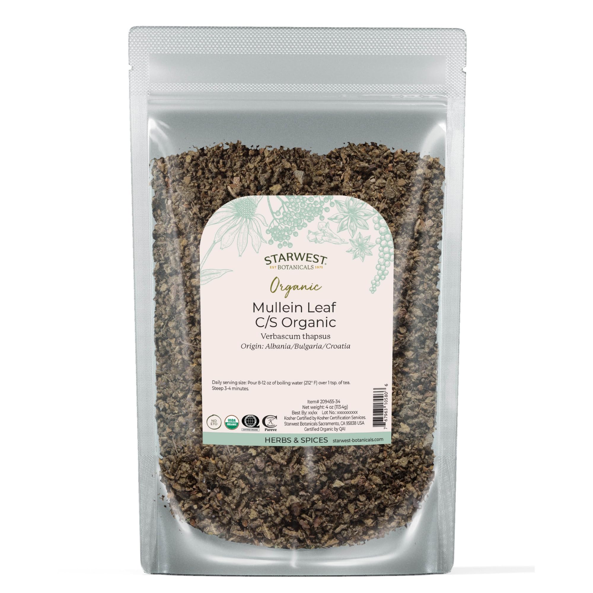 Starwest Botanicals Organic Mullein Leaf pack—pure mullein for rich loose-leaf tea aroma