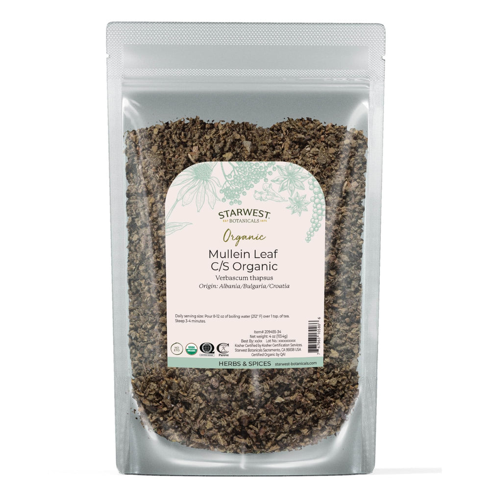 Starwest Botanicals Organic Mullein Leaf pack—pure mullein for rich loose-leaf tea aroma