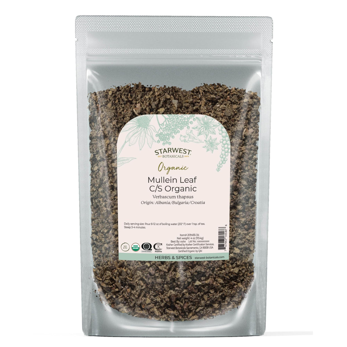 Starwest Botanicals Organic Mullein Leaf pack—pure mullein for rich loose-leaf tea aroma