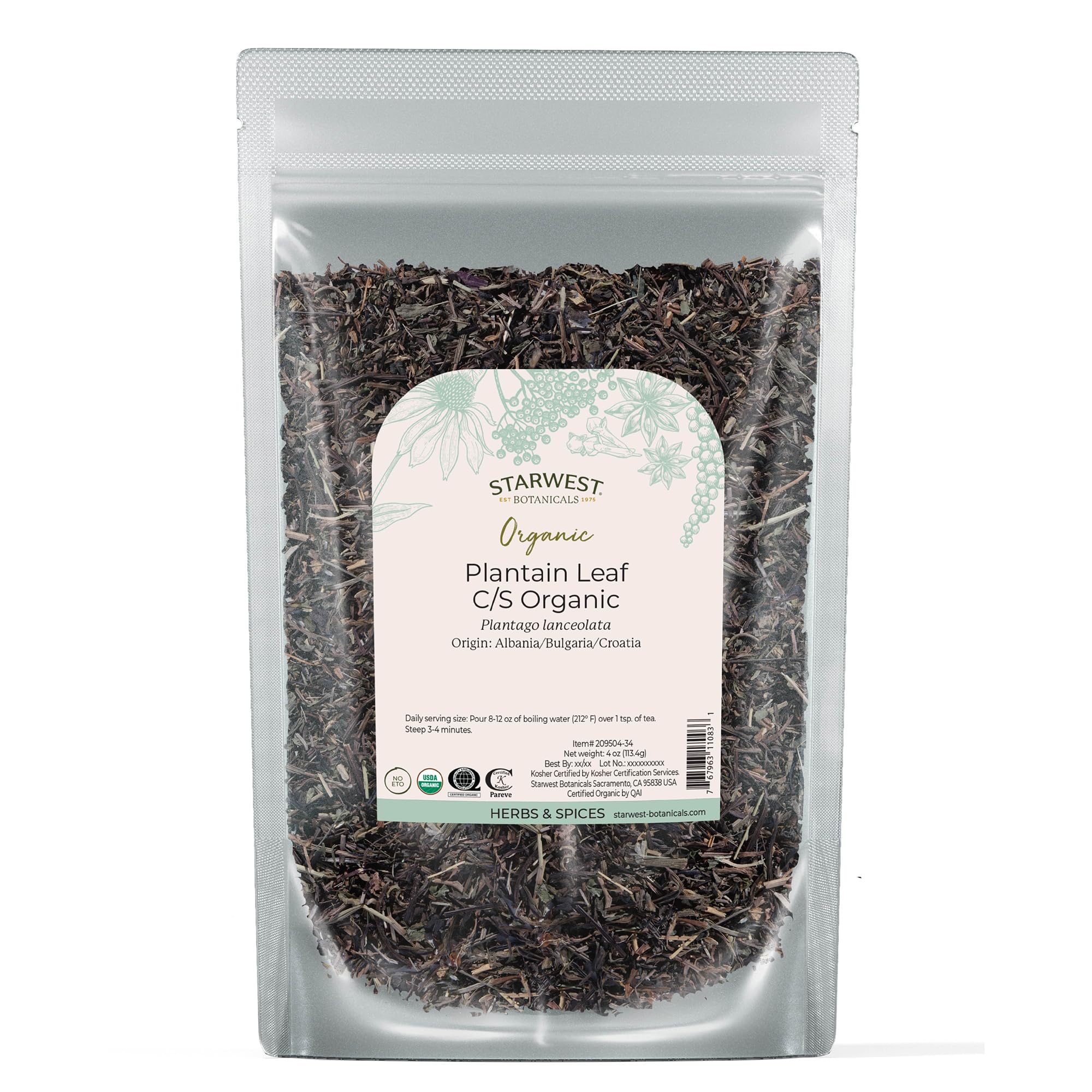 Starwest Botanicals Organic Plantain Leaf bag label, ready for tea