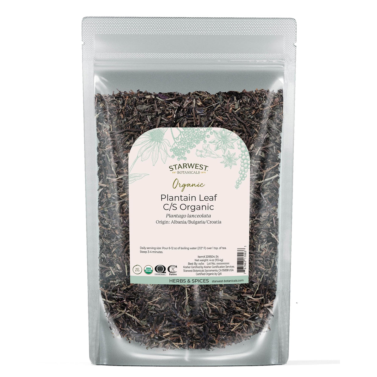 Starwest Botanicals Organic Plantain Leaf bag label, ready for tea