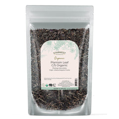 Starwest Botanicals Organic Plantain Leaf bag label, ready for tea