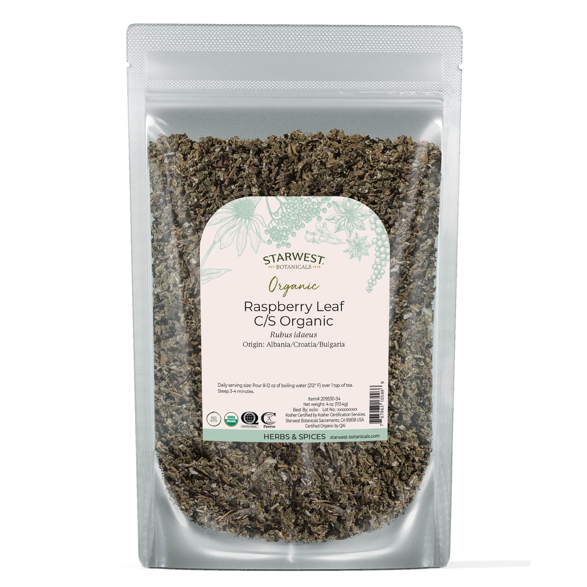 Starwest Botanicals Organic Raspberry Leaf Tea pouch showing premium packaging and purity