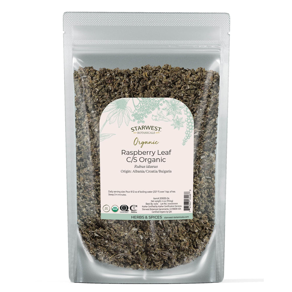 Starwest Botanicals Organic Raspberry Leaf Tea pouch showing premium packaging and purity
