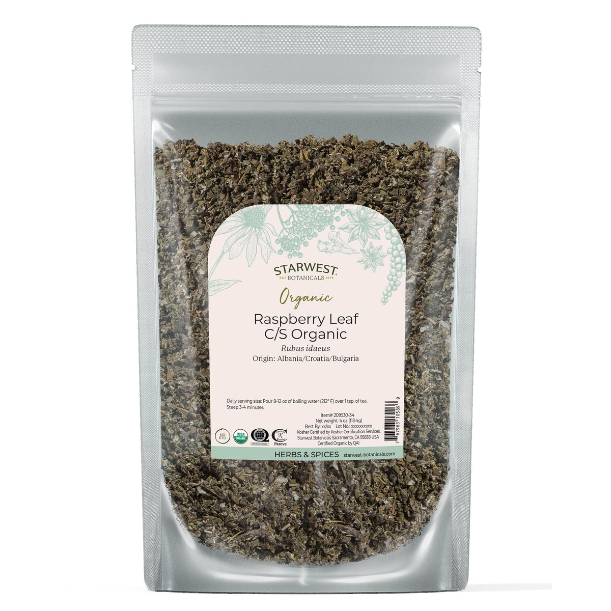 Starwest Botanicals Organic Raspberry Leaf Tea pouch showing premium packaging and purity