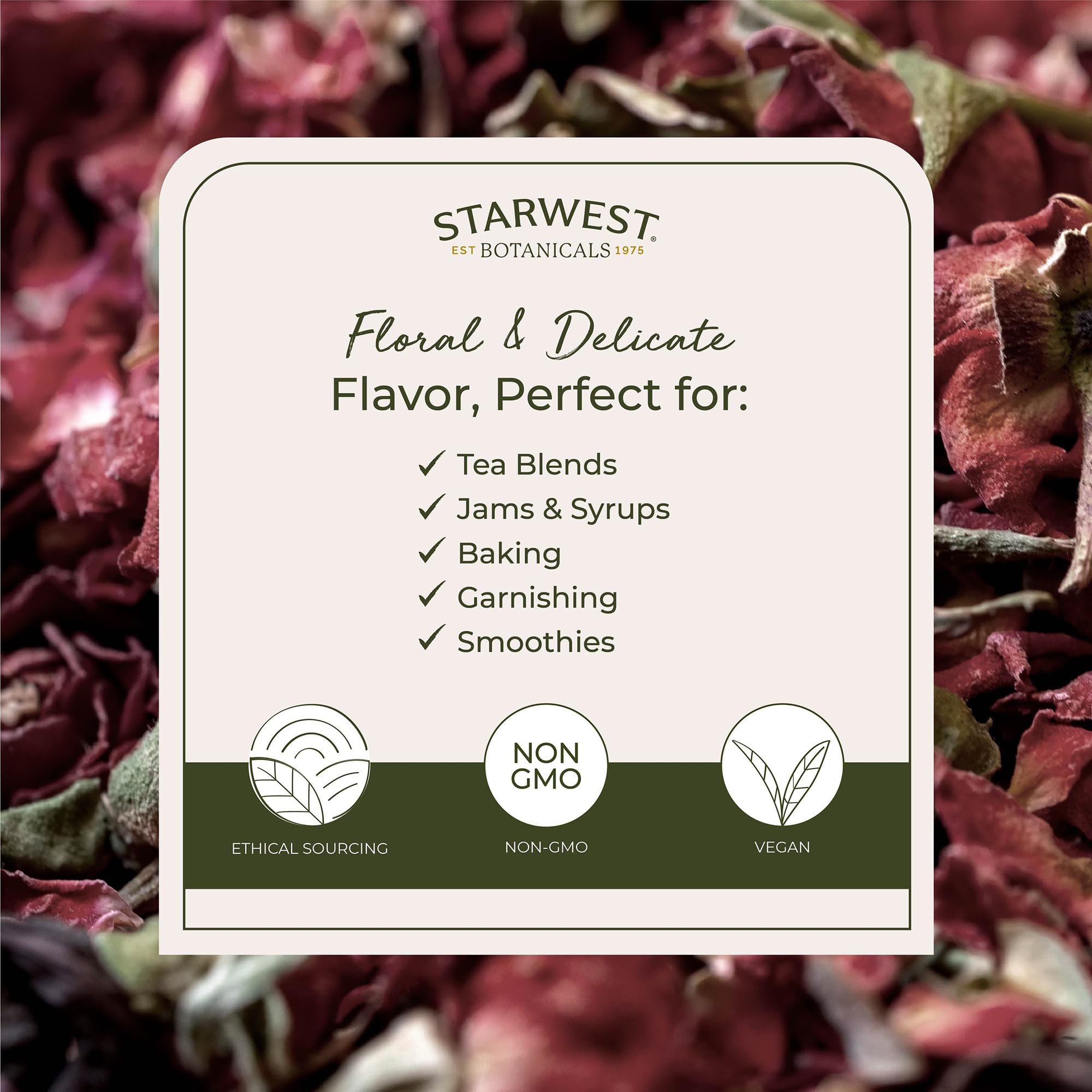 Starwest Botanicals organic rose buds ideal as tea ingredient.