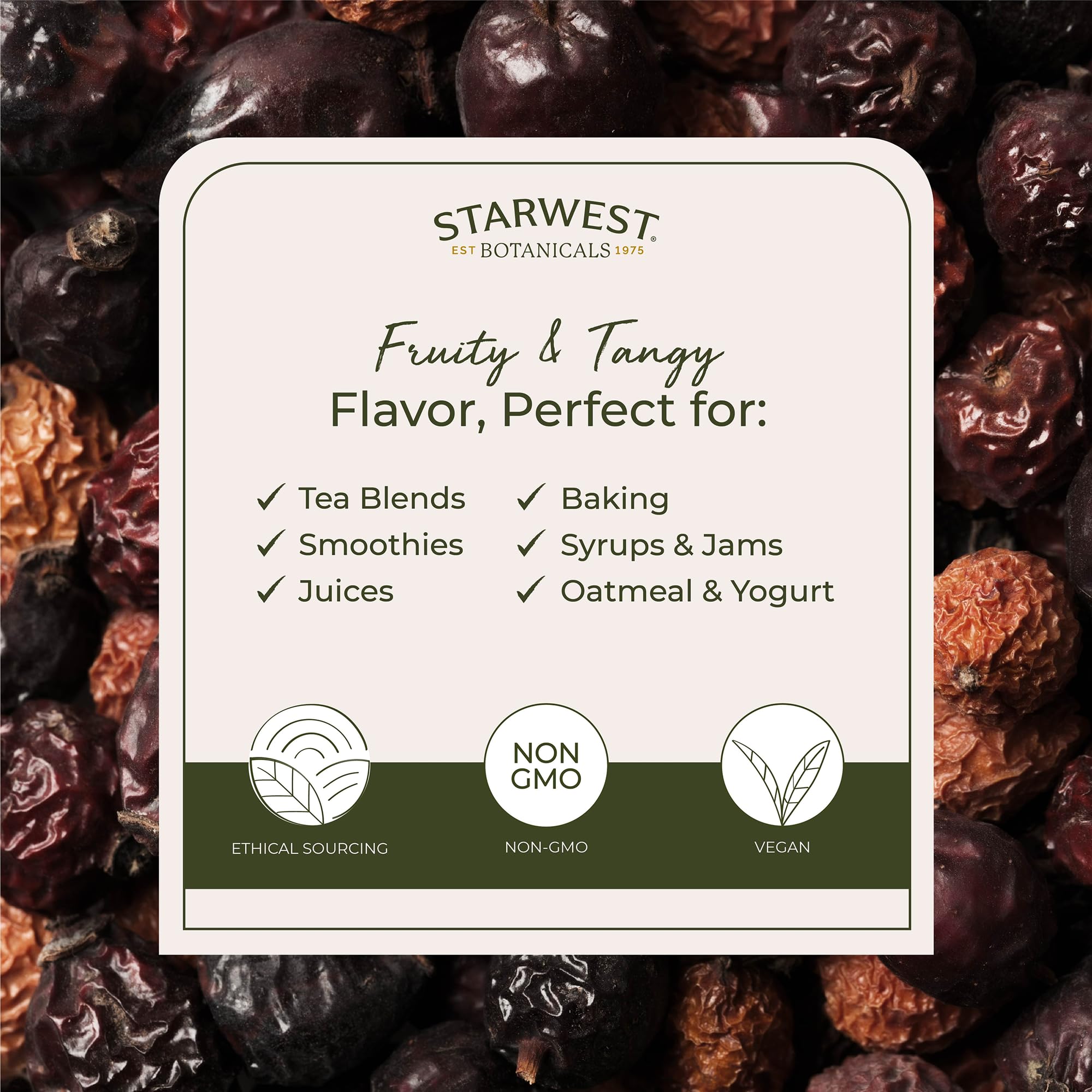 Starwest Botanicals Organic Rosehips packaging label, ready to elevate teas.