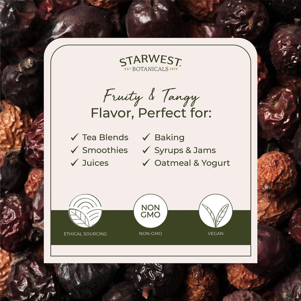 Starwest Botanicals Organic Rosehips packaging label, ready to elevate teas.