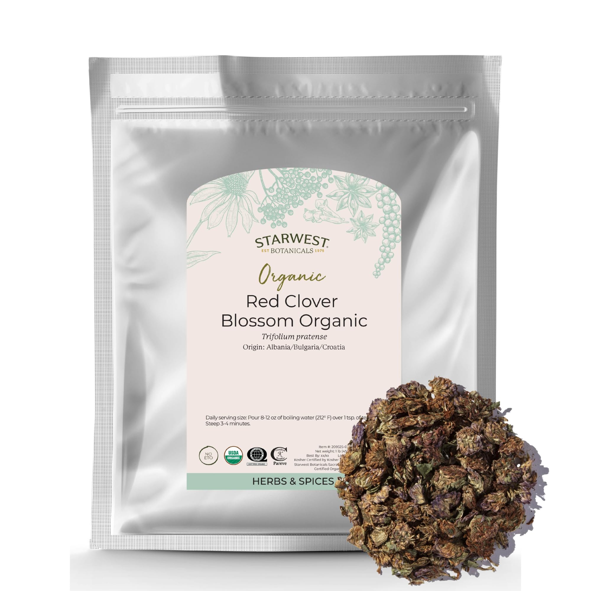 Starwest Botanicals red clover blossoms, whole dried flowers for soothing tea blends.