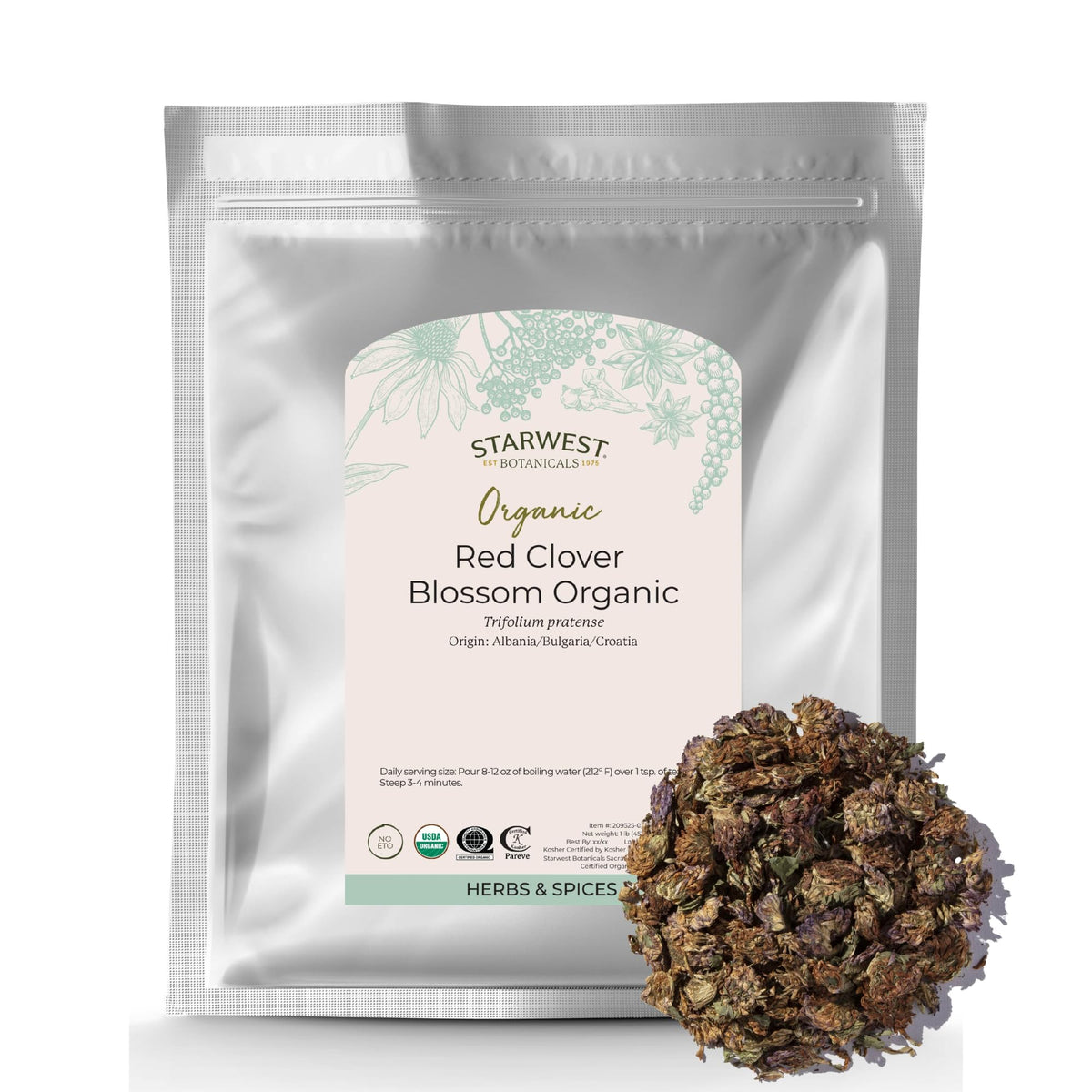 Starwest Botanicals red clover blossoms, whole dried flowers for soothing tea blends.