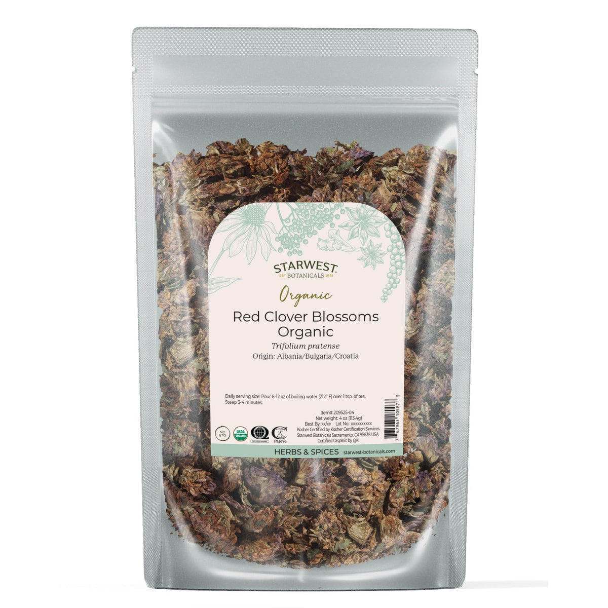 Starwest Botanicals red clover blossoms, whole, ideal for fragrant tea preparation