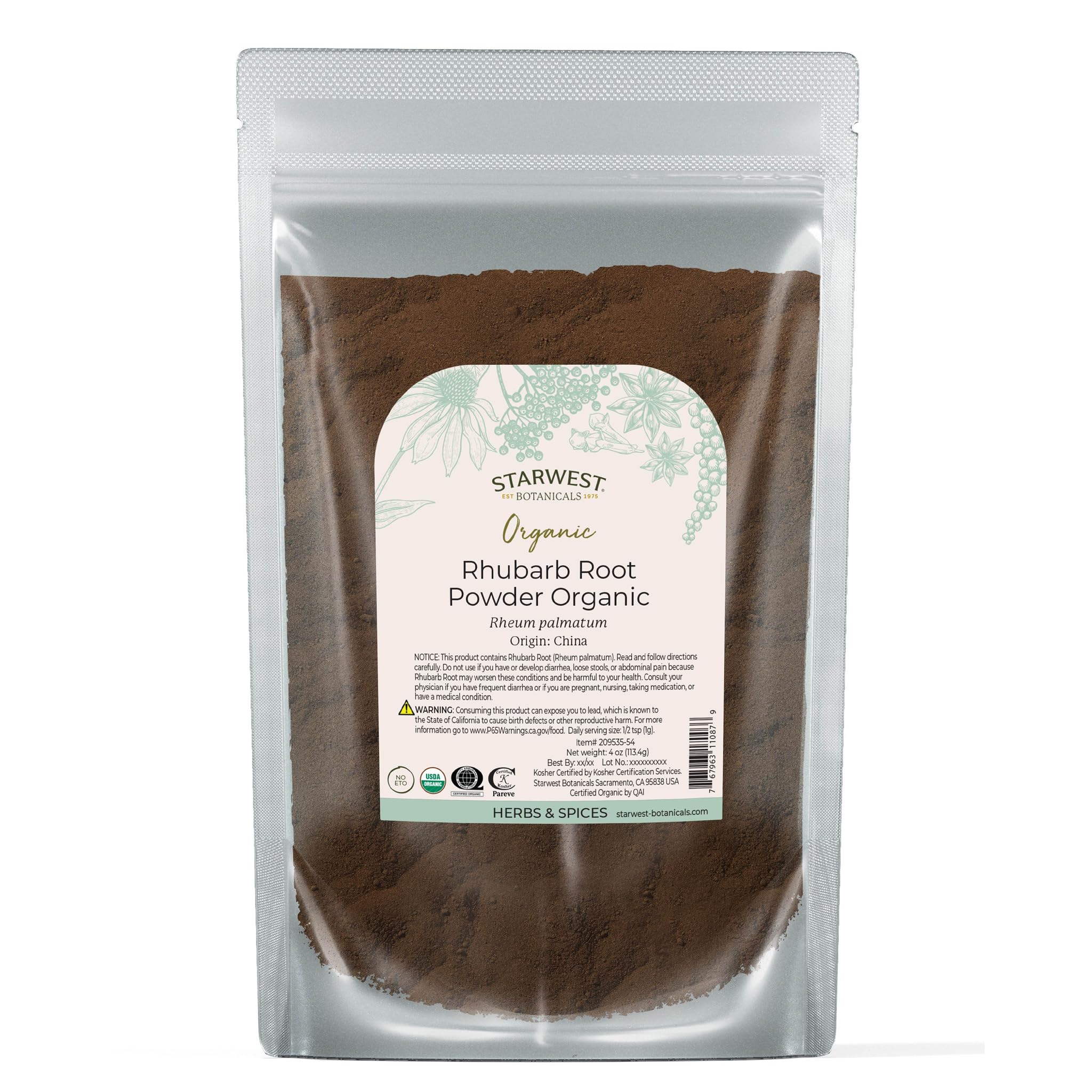 Starwest Botanicals Rhubarb Root Powder bag on kitchen counter for versatile culinary uses.