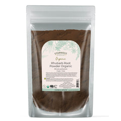 Starwest Botanicals Rhubarb Root Powder bag on kitchen counter for versatile culinary uses.