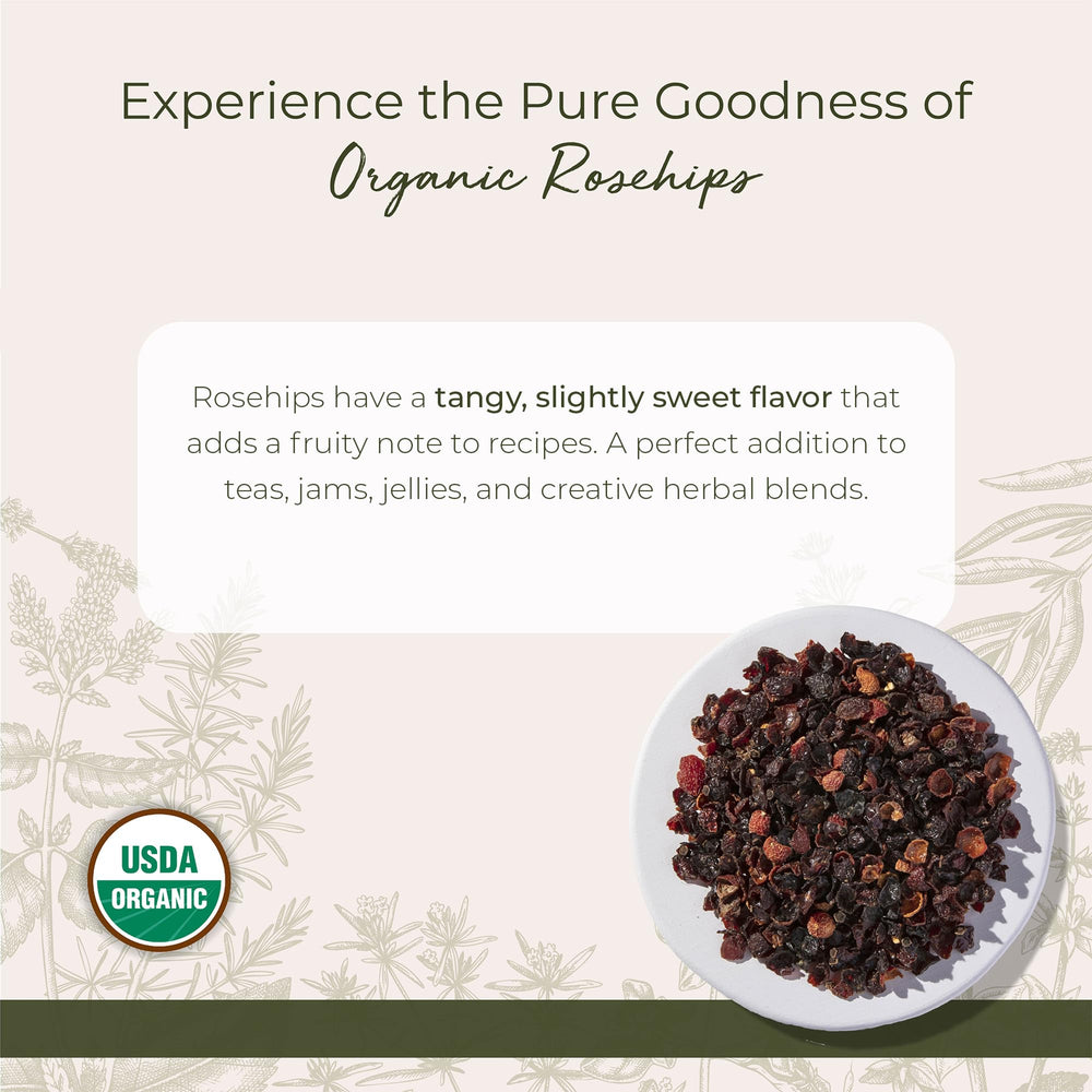 Starwest Botanicals Rosehips Seedless on a wooden scoop, ideal for tea and baking.