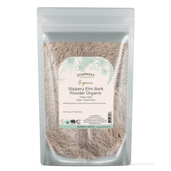 Starwest Botanicals slippery elm bark powder packaging showcasing organic quality for tea preparation
