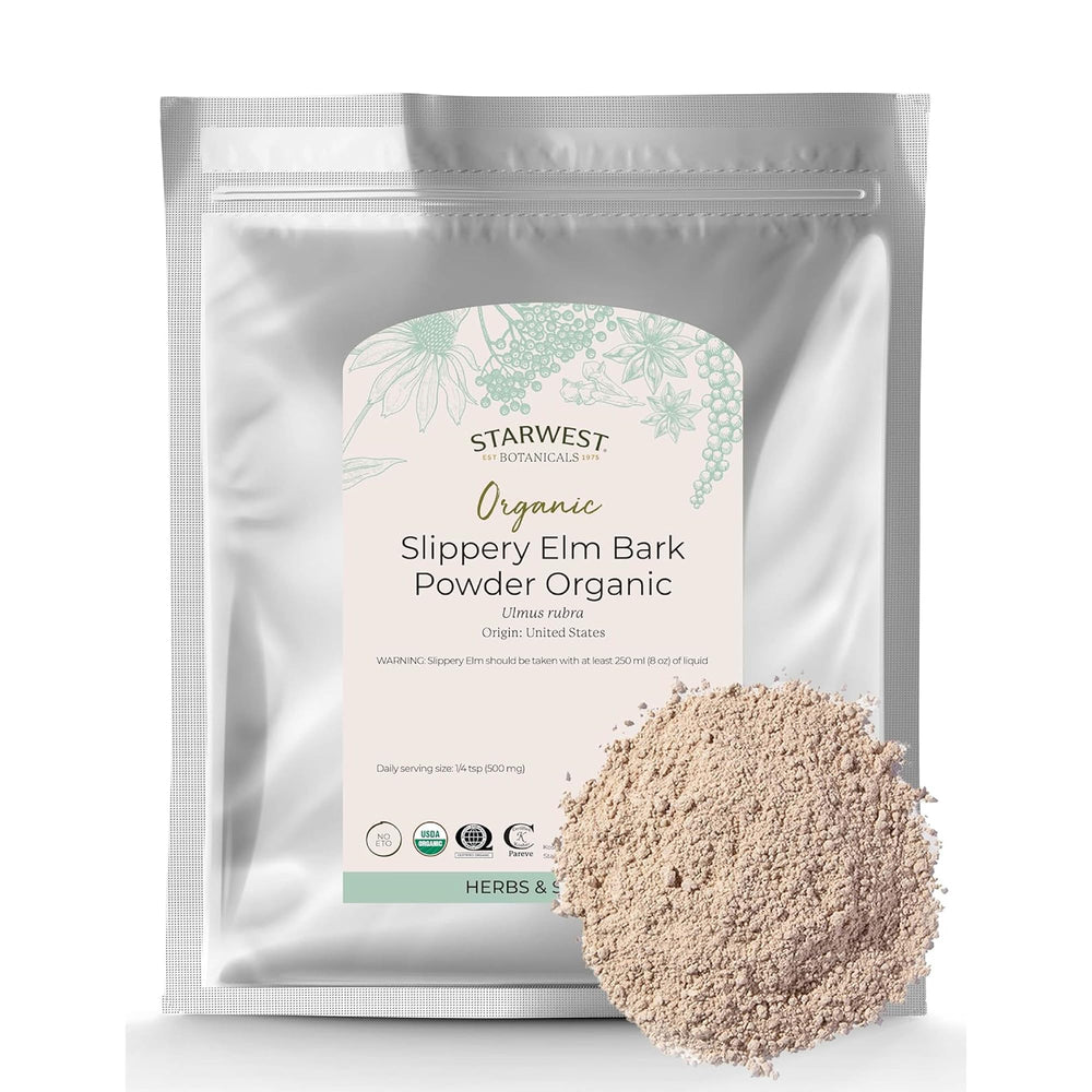 Starwest Botanicals slippery elm powder bag; organic, kosher-certified herbal powder for tea and recipes.