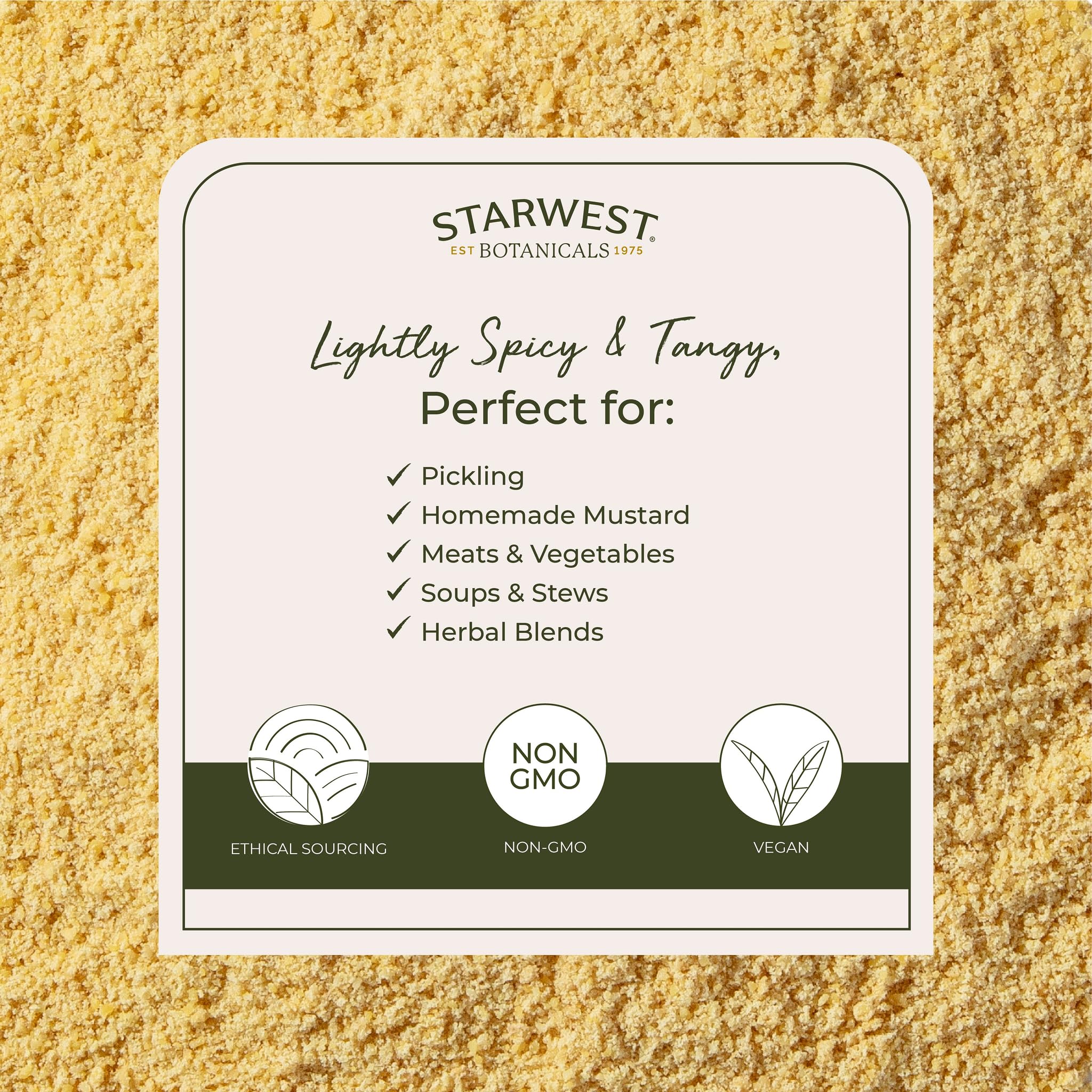 Starwest mustard seed powder poured into a bowl for meat rubs and sauces