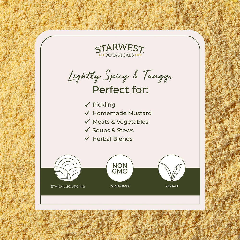 Starwest mustard seed powder poured into a bowl for meat rubs and sauces