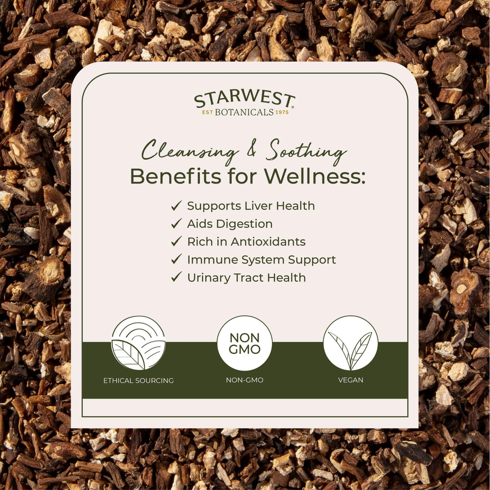 Starwest dandelion root cut and sifted bulk shows consistent granules.
