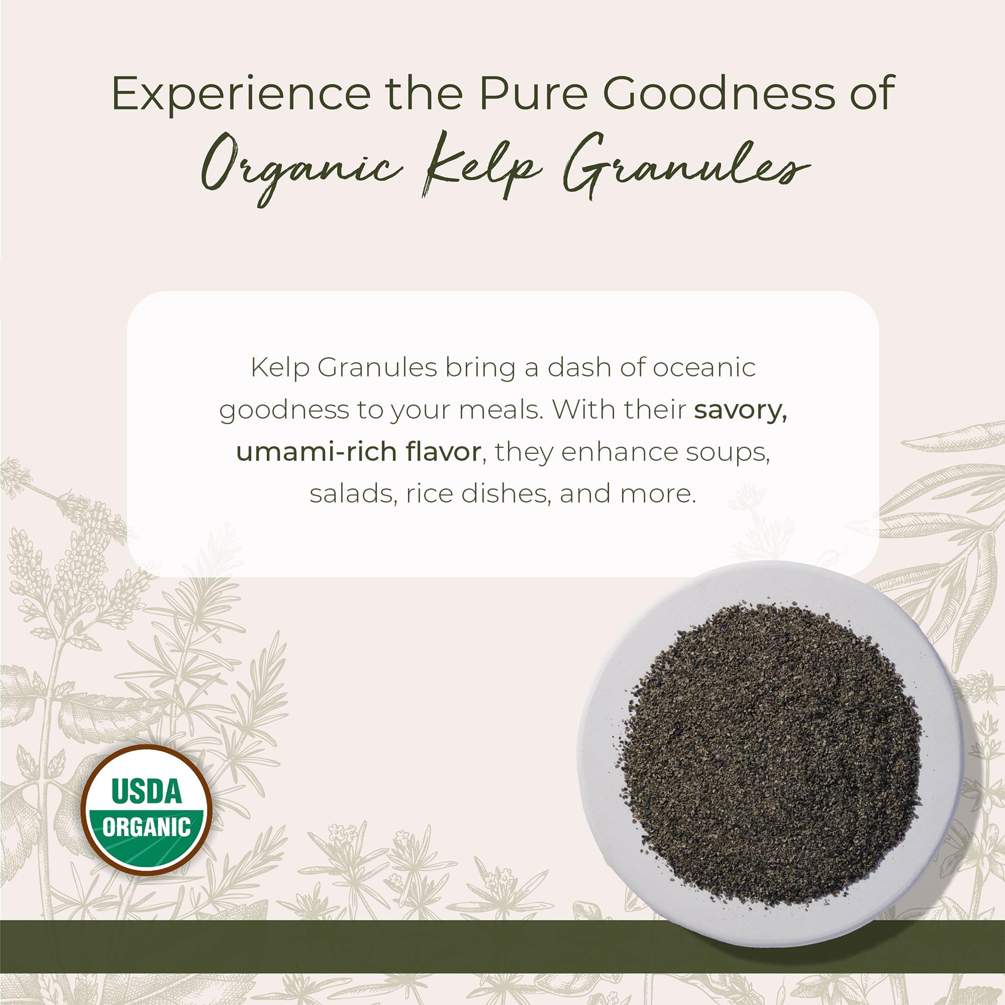 Starwest Kelp Granules close-up with textured surface for soups and dressings.