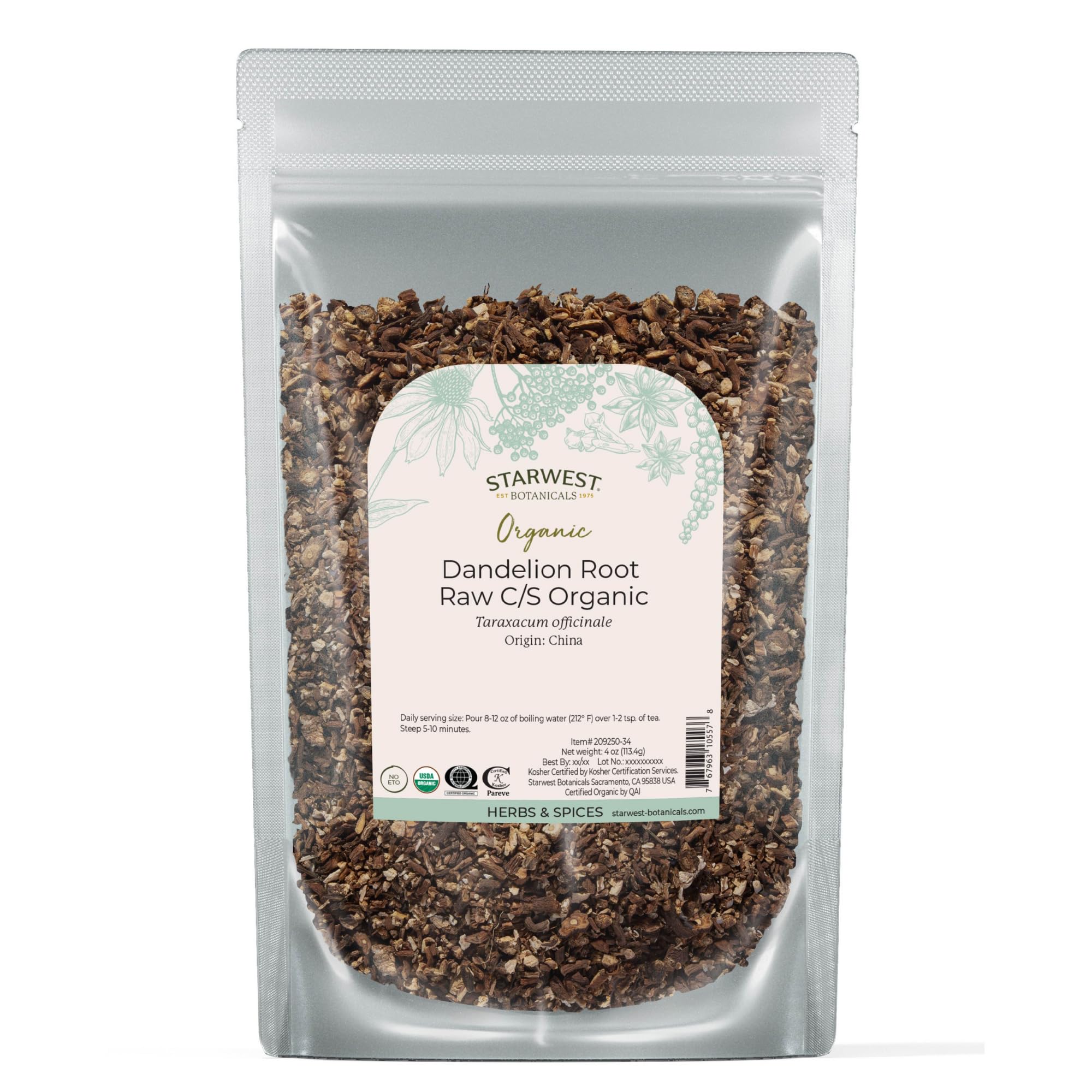 Starwest Botanicals organic dandelion root tea packaging front, highlighting purity and sustainability.