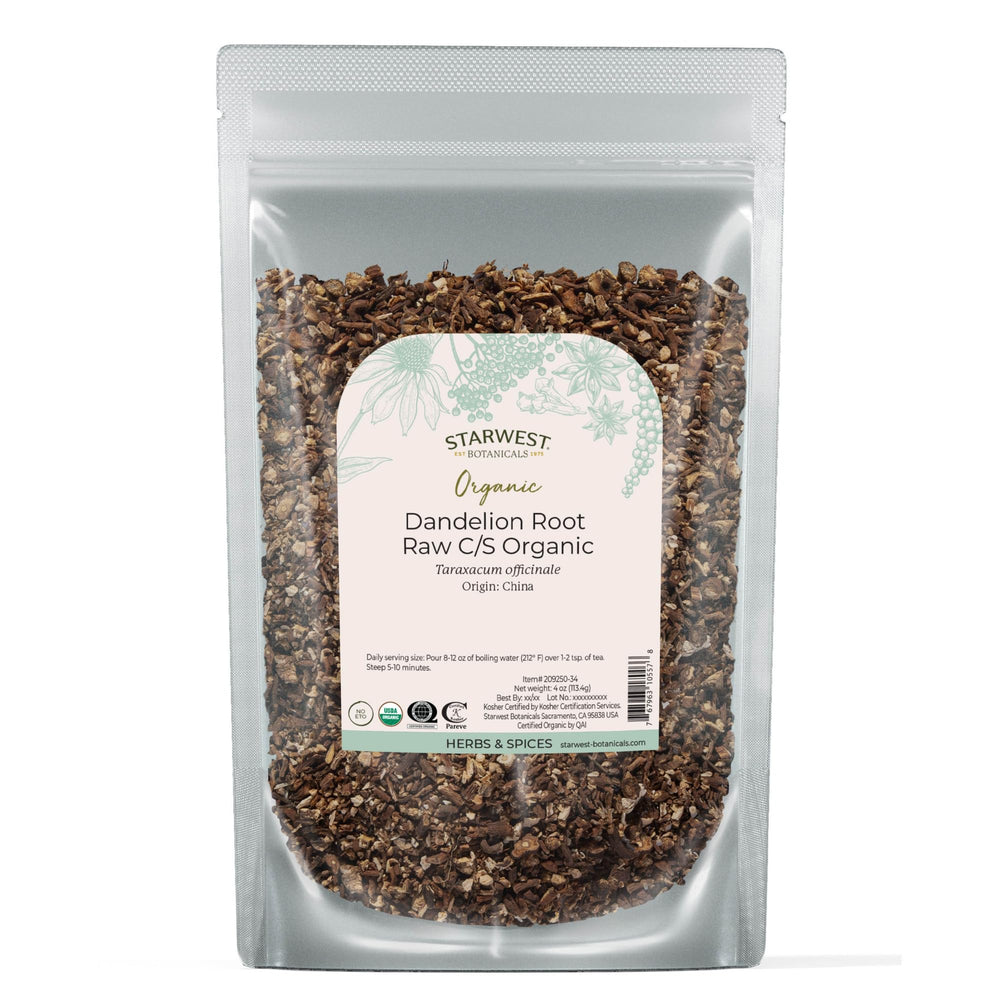 Starwest Botanicals organic dandelion root tea packaging front, highlighting purity and sustainability.