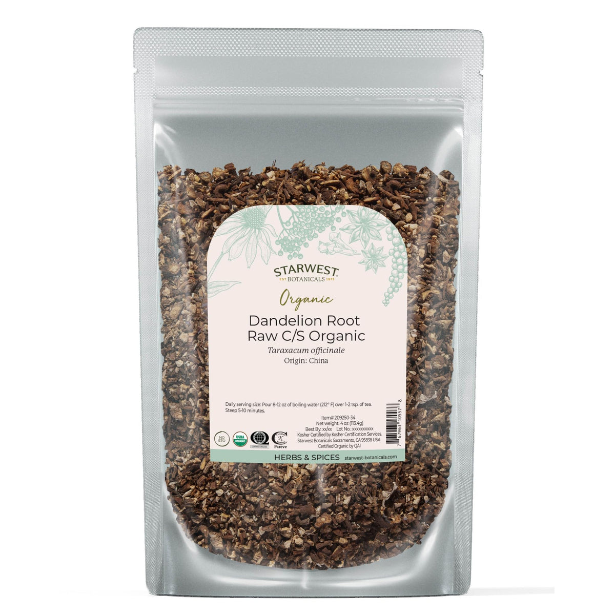 Starwest Botanicals organic dandelion root tea packaging front, highlighting purity and sustainability.