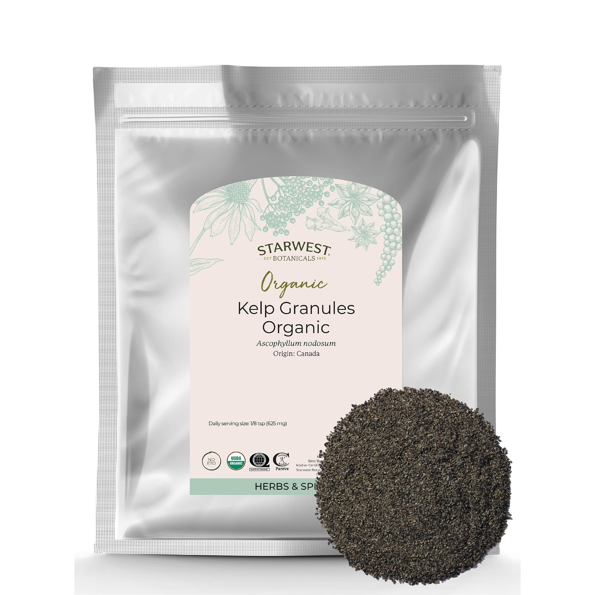 Starwest Organic Kelp Granules in bag, highlighting organic certification.