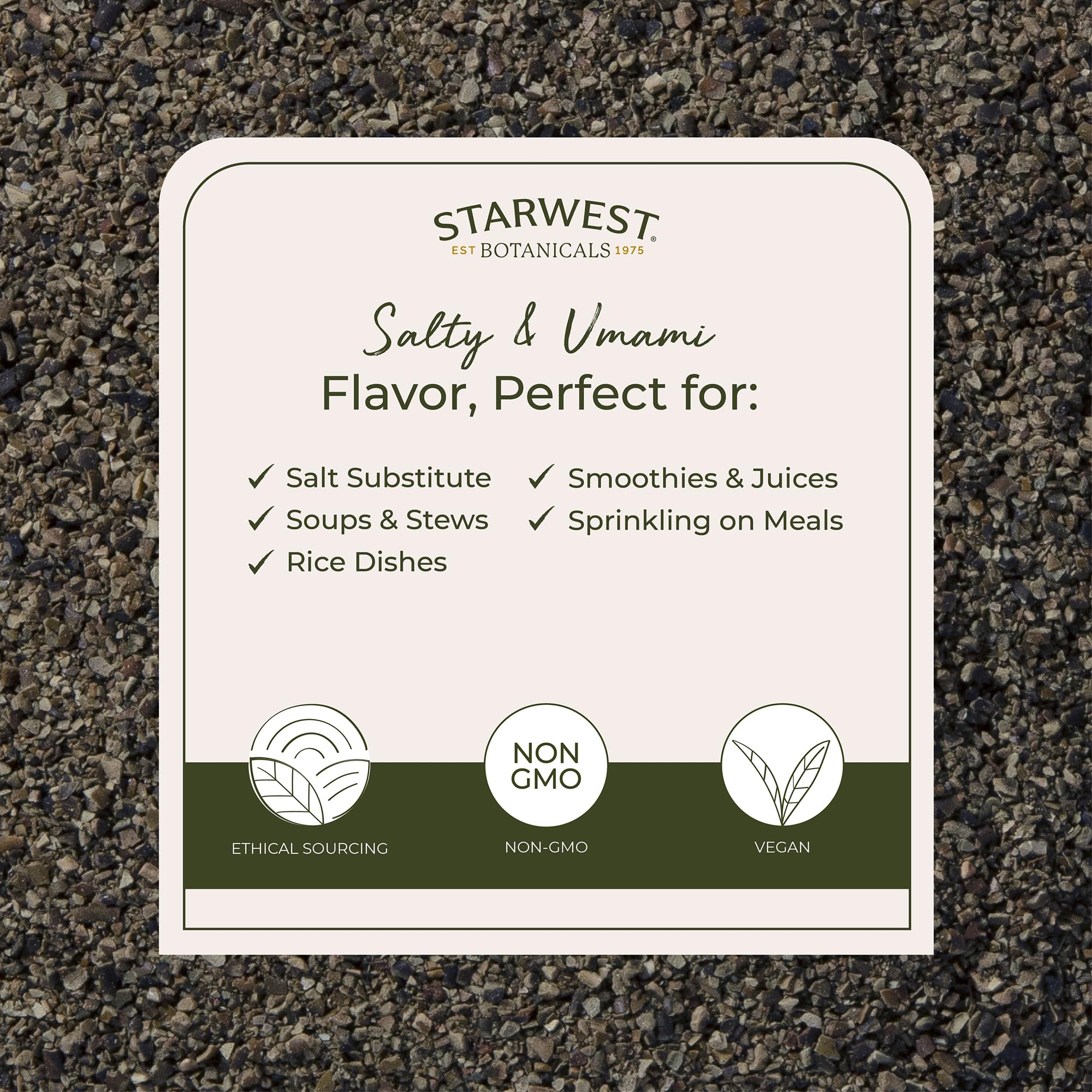 Starwest Organic Kelp Granules label shows organic and kosher certifications.