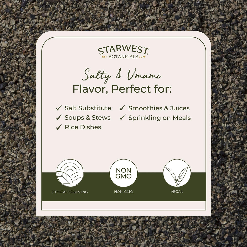Starwest Organic Kelp Granules label shows organic and kosher certifications.