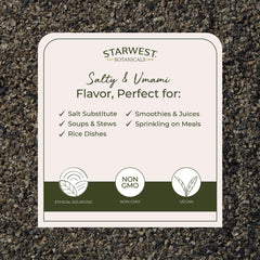 Starwest Organic Kelp Granules label shows organic and kosher certifications.