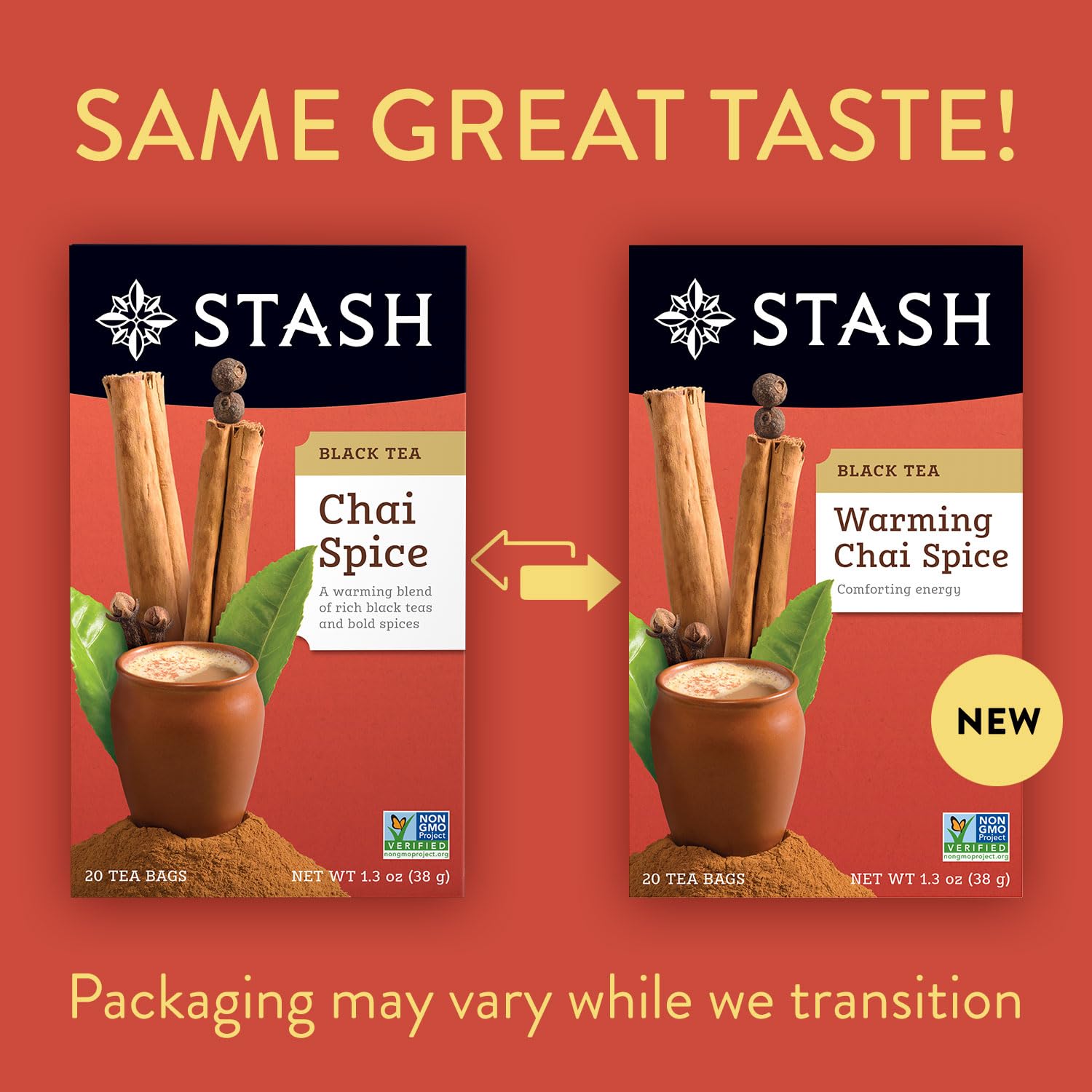 Stash Black Tea Chai Spice tea bags for cozy, spiced warmth.
