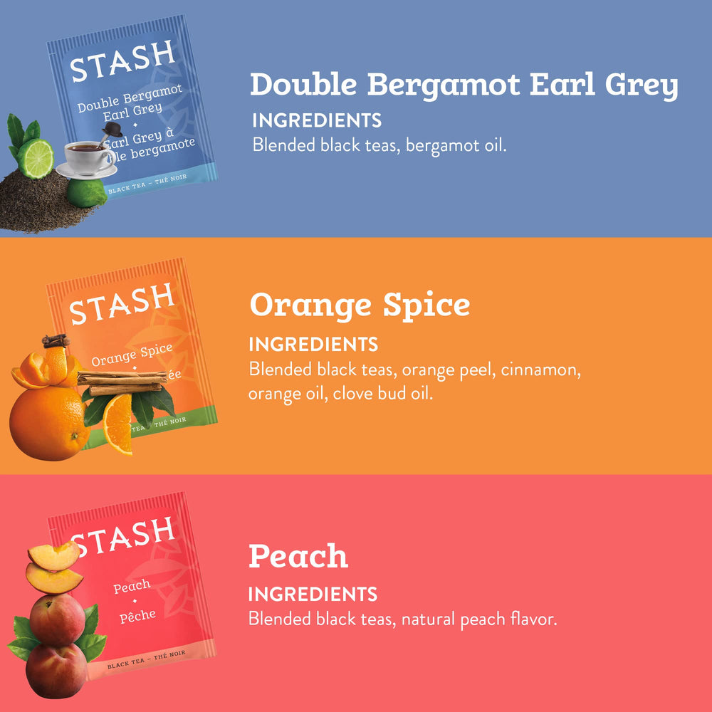 Stash Black Tea Double Bergamot Earl Grey brew with bold floral notes for afternoon elegance.