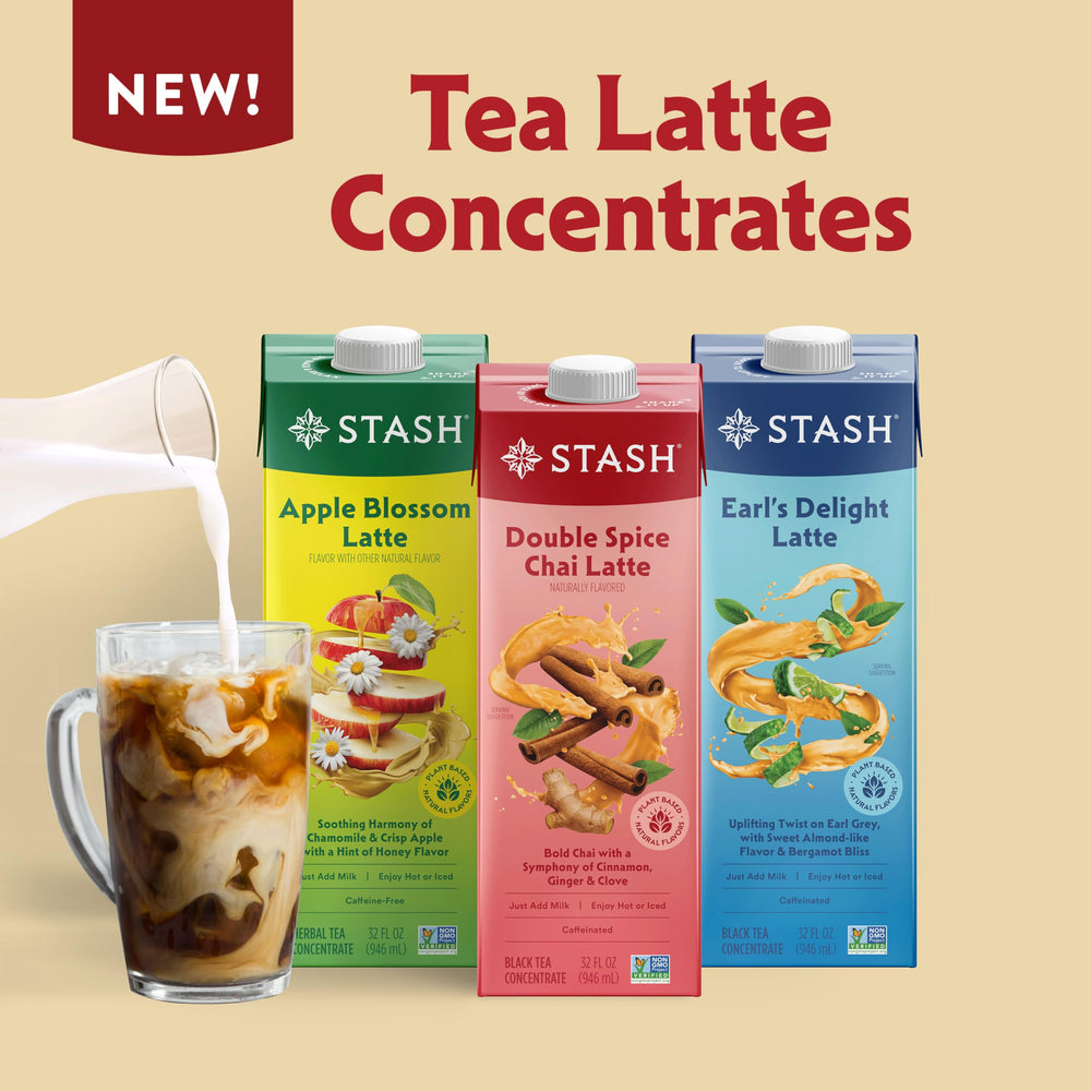 Stash chai latte served in glass, creamy dairy-free finish.