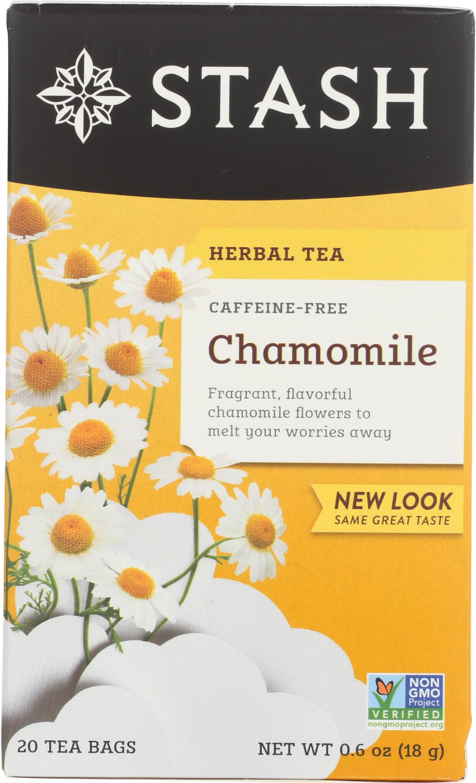 Stash Chamomile tea bags close-up, caffeine-free calming ritual.