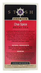 Stash Decaf Chai Spice Tea packaging shows premium quality and gluten-free assurance.
