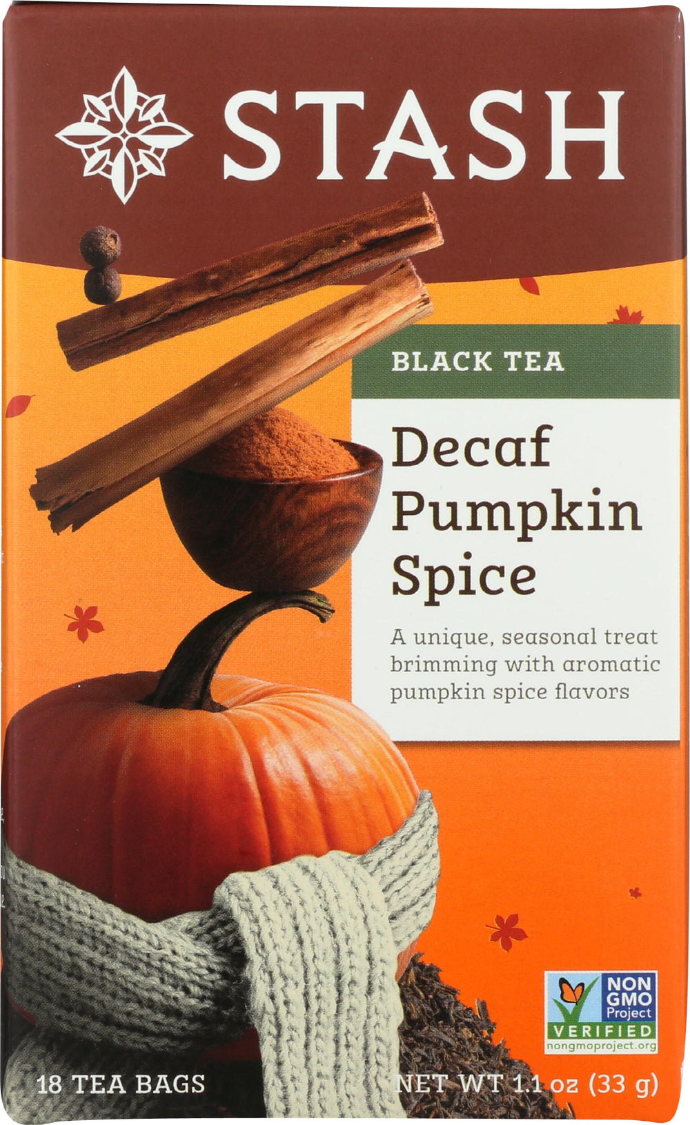Stash decaf tea pumpkin spice 18-bag pack packaging, ready for easy evenings.