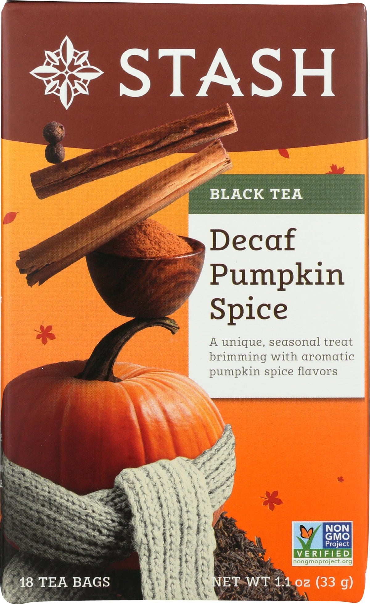 Stash decaf tea pumpkin spice 18-bag pack packaging, ready for easy evenings.