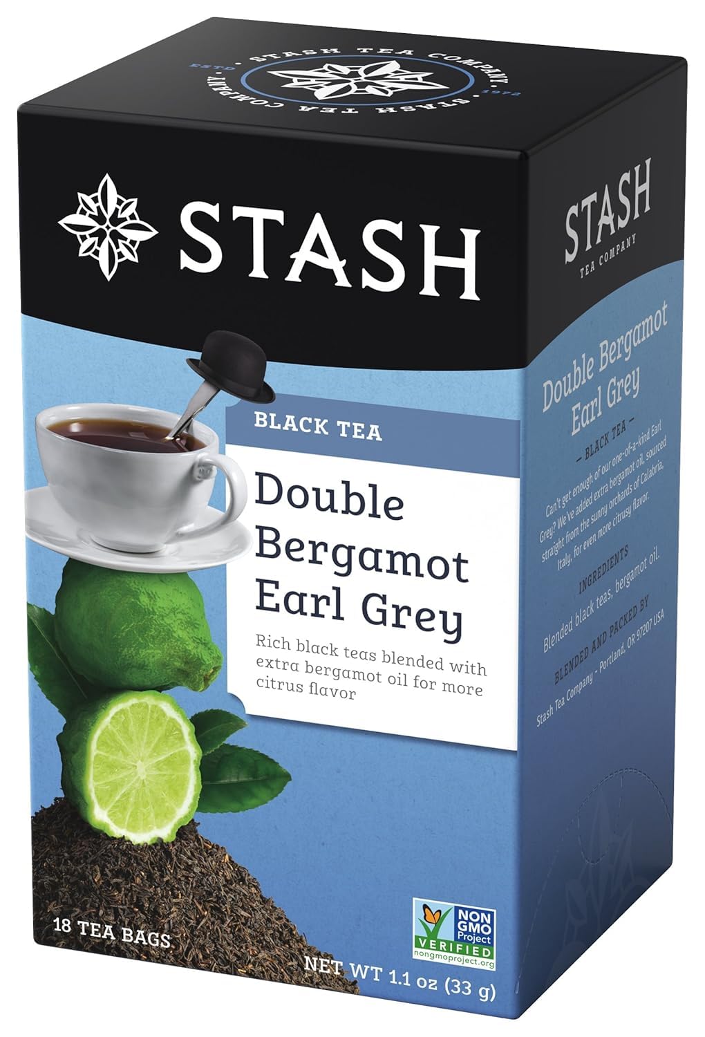 Stash Double Bergamot Earl Grey tea bags show bold citrus aroma for a bright cup.