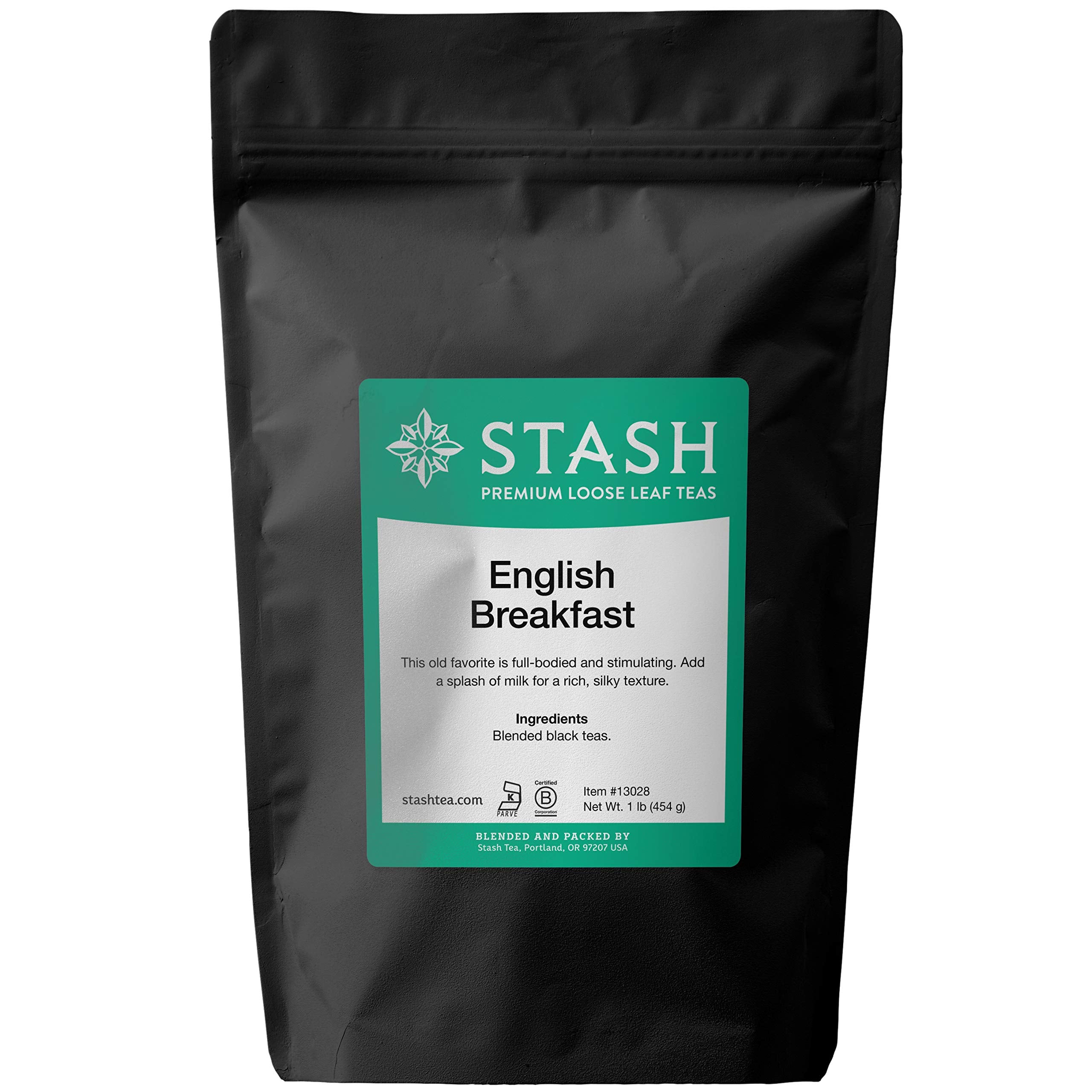Stash English Breakfast loose leaf tea packaging showcases bold blend for a brisk morning.