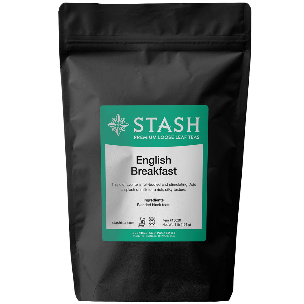 Stash English Breakfast loose leaf tea packaging showcases bold blend for a brisk morning.