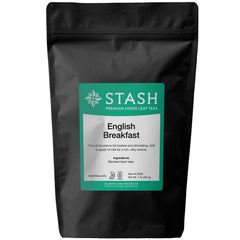 Stash English Breakfast loose leaf tea packaging showcases bold blend for a brisk morning.