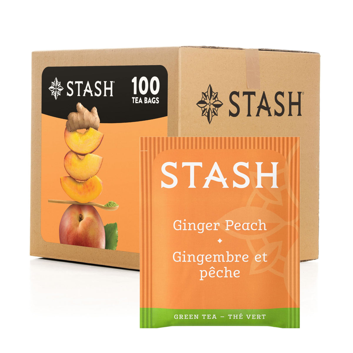 Stash Ginger Peach Green Tea with Matcha tea bags for a refreshing caffeine boost.