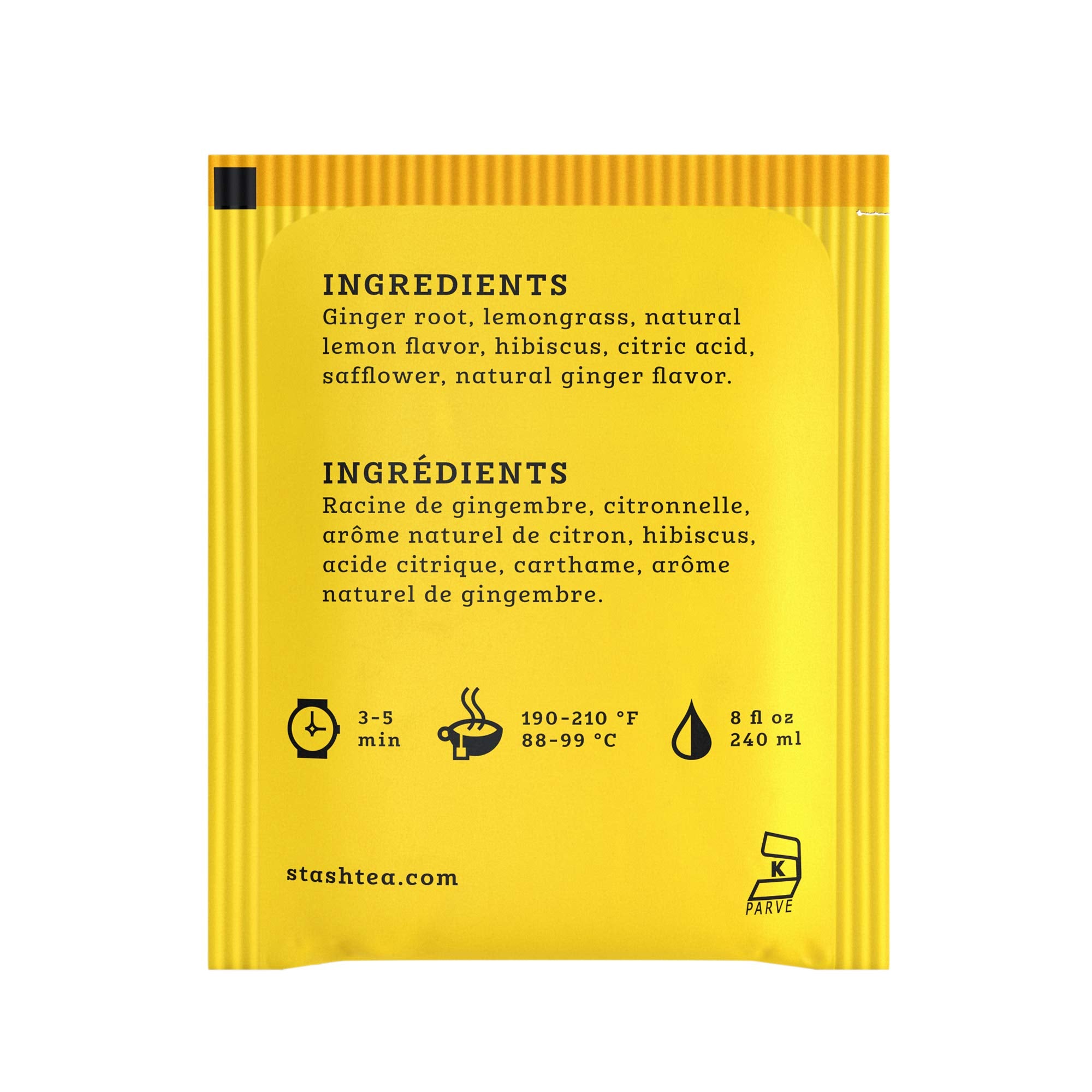 Stash Lemon Ginger Vitality tea bags close-up showing natural ingredients.